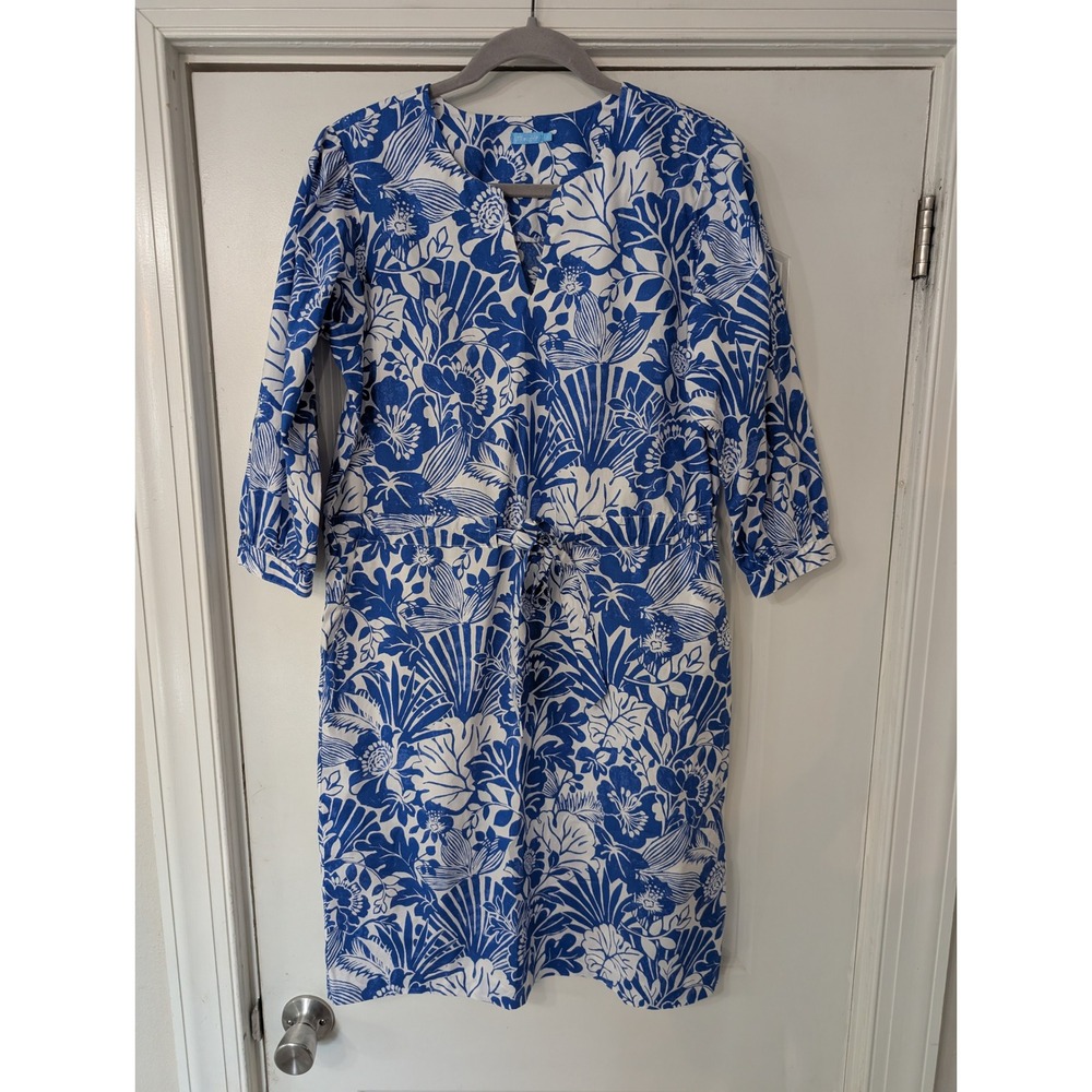 J.McLaughlin evalyn Blue white Floral Dress Small coastal garden Walk cotton